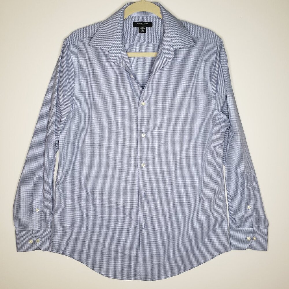 NWOT Structure Mens Dress Shirt Size M 15-15 1/2 Blue Plaid Button Up Fitted